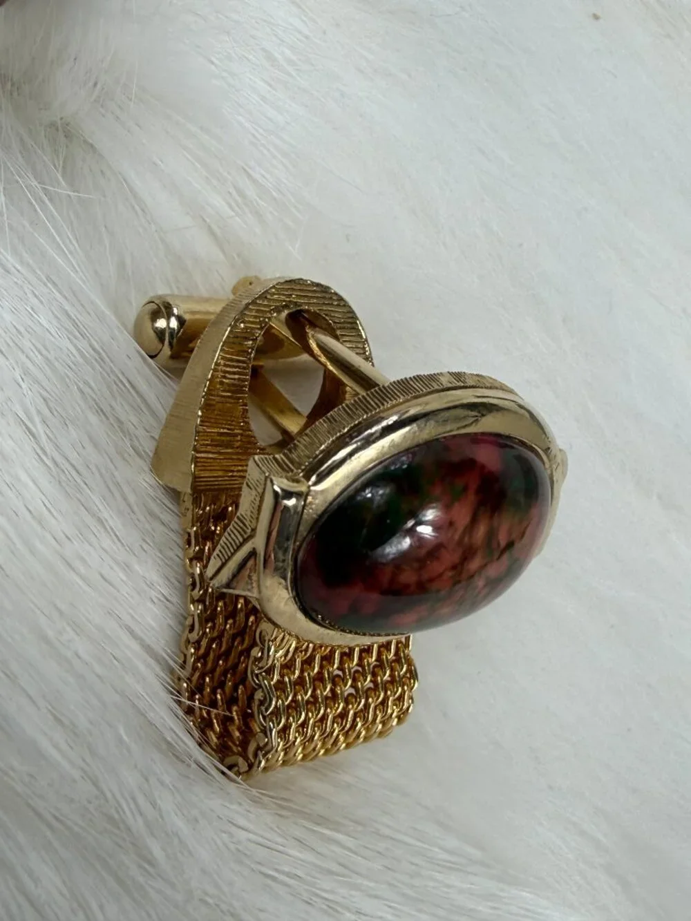 Vintage Unakite Stone Gold Tone Mesh Cuff Links Cufflinks MCM 1.25